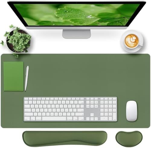 Bloss Keyboard Wrist Rest + Mouse Wrist Rest + Leather Desk Mat, Non-Slip Desk Mat Protector for Office, Home(31.5×15.7 Inches,Olive Green)