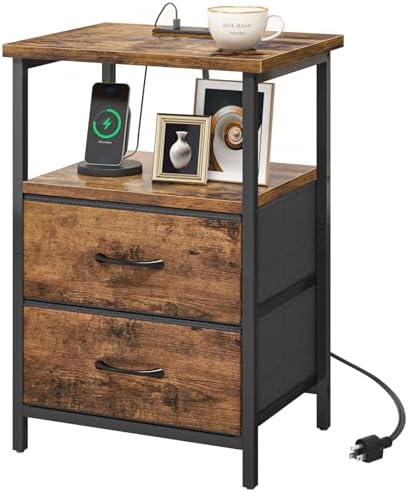Fixwal Night Stand with Charging Station, 2 Fabric Drawers, Rustic Brown