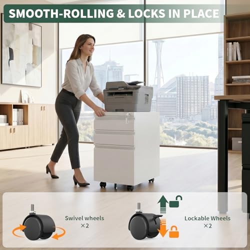 3 Drawer White File Cabinet with Lock, Rolling Under Desk Cabinet