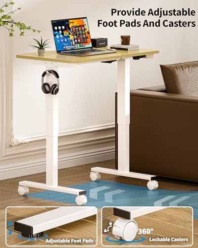 Okin Electric Standing Desk 31.5x19.7 Inches Small Computer Desk-Whole Piece Stand up Desk with Wheels Gaming Rolling Home Office Desks, Oak
