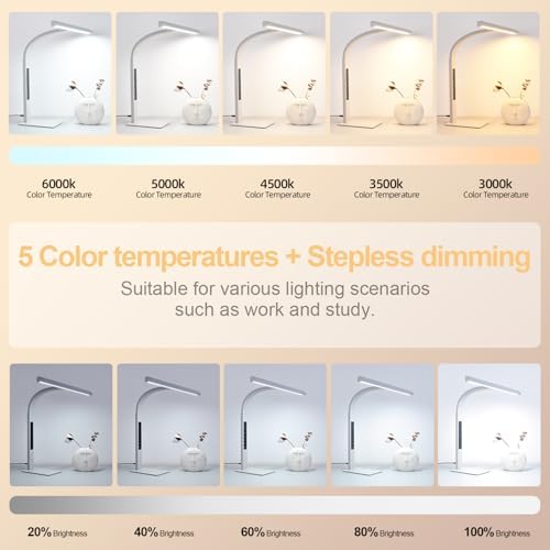 LED desk lamp for home office, architect computer work light,Touch color temperature stepless dimming and adjustable flexible gooseneck tube. desk lamp with clock , suitable for reading and studying.