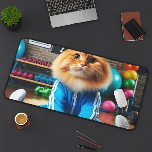 Cat in a Tracksuit Stretching Before a Workout Vibrant Desk Mat for Adults