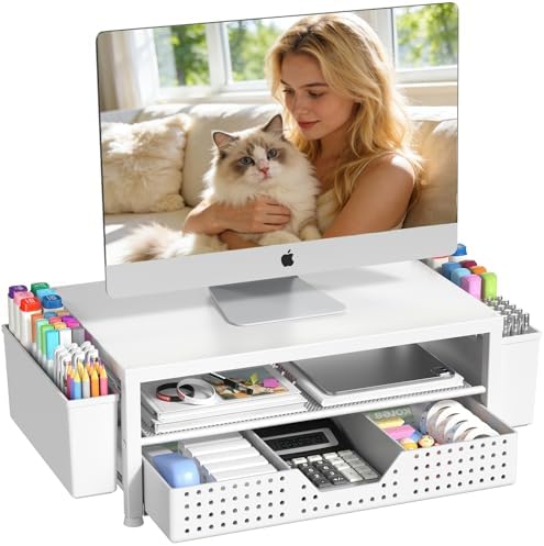OPNICE Desk Organizers and Accessories, Computer Monitor Stand Riser with Drawer and 2 Pen Holders, Printer & Laptop Stand, Office Desk Accessories & Workspace Organizers for Home Office Supplies, White