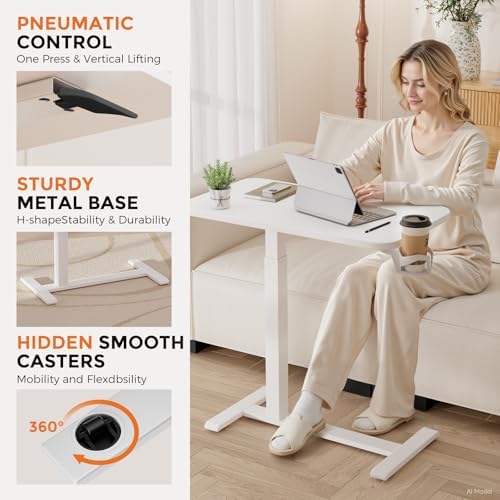 GTPLAYER Small Standing Desk with Hidden Wheels, Pneumatic Mobile Rolling Laptop Desk, Adjustable Height Overbed Bedside Table Computer Workstation for Home Office (28" W x 16" D, White)