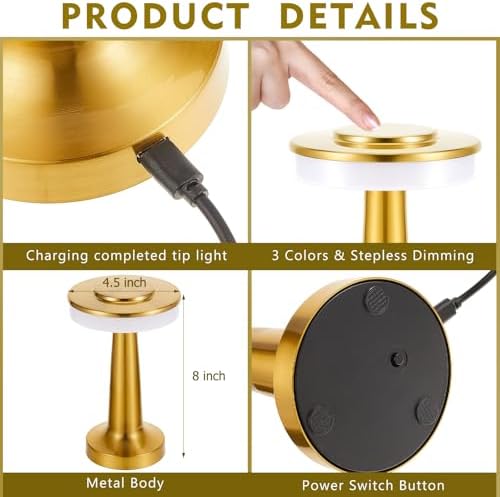Riakrum 4 Pcs LED Cordless Table Lamp Bulk Rechargeable,Gold