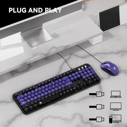 FOPETT 8870P Wired Keyboard and Mouse Combo - Full-Sized Computer Keyboards with 104 Round Keys Retro Typewriter Mouse and Keyboard for PC Windows Desktop Laptop - Purple Colorful