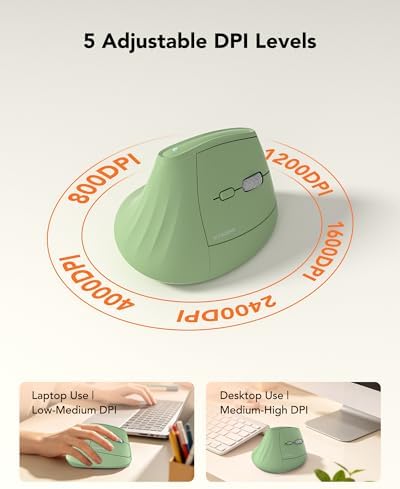 KYSONA Ergonomic Mouse Wireless, Bluetooth Vertical Mouse, 5-Level Adjustable DPI, 2.4G Silent Switch Mice for Windows, MacOS, IPadOS, Laptop, PC, Olive Green