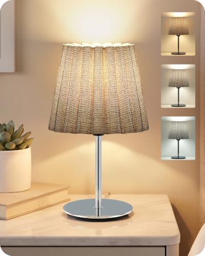Small Bedside Table Lamp, Dimmable Table Lamp with 3 Adjustable Color Temperatures, Nightstand Lamp with a Dimmable Bulb, E26 Base, for Bedroom, Study, Desk, Gray and Glossy Gray PSH15TL05