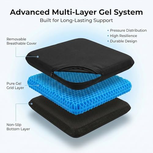 Extra Thick Large Pure Gel Seat Cushion for Long Sitting, Breathable Comfort Cushion for Back, Sciatica, Tailbone & Hip Pain Relief, Washable Portable Cushion for Office Chair, Car, Wheelchair