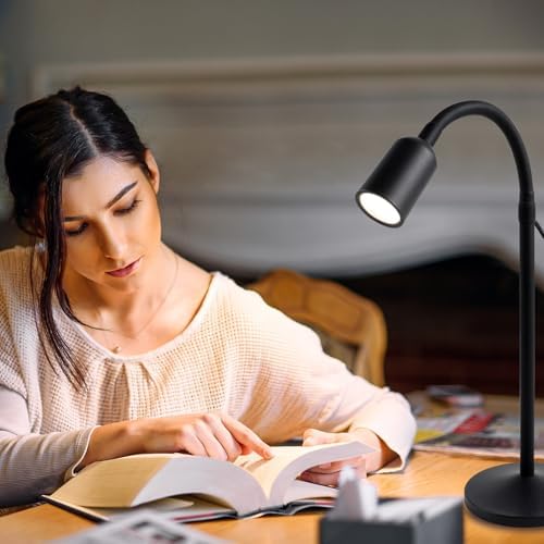 DAMI Small Desk Lamp with Flexible Gooseneck, USB Reading Light Nightstand with 3 Color Temperatures, Dimmable Eye-Caring Bedside Table Lamp for Home Office Bedroom Dorm RV - Black