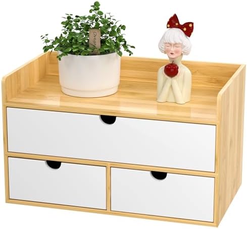 Bamboo Desk Organizer with Drawers, Desktop Storage for Office Supplies