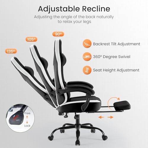 NEWBULIG Gaming Chair with Footrest – High Back Ergonomic Computer Desk Chair with Lumbar Support, Headrest, Linkage Armrests, Reclining Office Chair with 360° Swivel & Height Adjustment, Blake