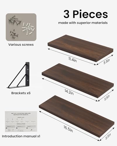 BAYKA Wall Mounted Floating Shelves (Dark Brown, Set of 3, 16" Mixed)