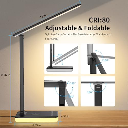 LED Desk Lamp for Home Office, USB Charging Port, Desk Light with 5 Modes