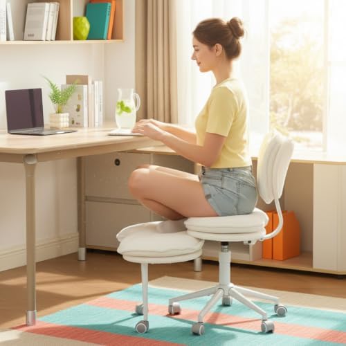 Ergonomic ADHD Criss Cross Legged Office Desk Chair - Meditation Kneeling Yoga Chair Adjustable Height with Wheels Lumbar Support, 360° Swivel Wider Footrest for Home Work, White