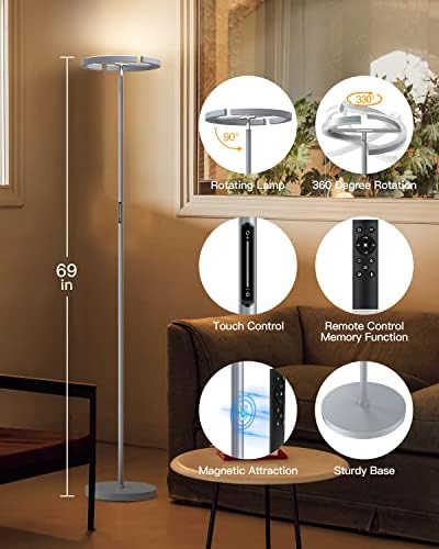 SIBRILLE Silver Floor Lamps for Living Room, Stepless Dimmable Standing Lamp with Touch Remote Control, 22W Rotatable LED Floor Light Tall Uplighter for Bedroom Office, 69'' Modern Room Light
