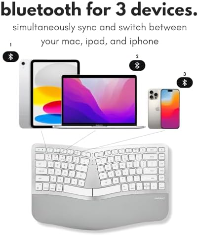 Macally Ergonomic Keyboard for Mac Wireless, Split Bluetooth & USB-C+A Wired Dual Mode Keyboard, Rechargeable Multi-Device Ergonomic Keyboard for MacBook iMac iPad iPhone with Wrist Cushion