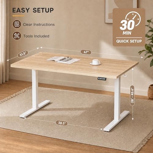 Grandder 47x32 Large Electric Standing Desk, Height Adjustable Computer Desk with 2 Memory Presets, 31.5" Deep Desktop Sit Stand Desk Home Office Desk Workstation Table with Hooks, Light Walnut