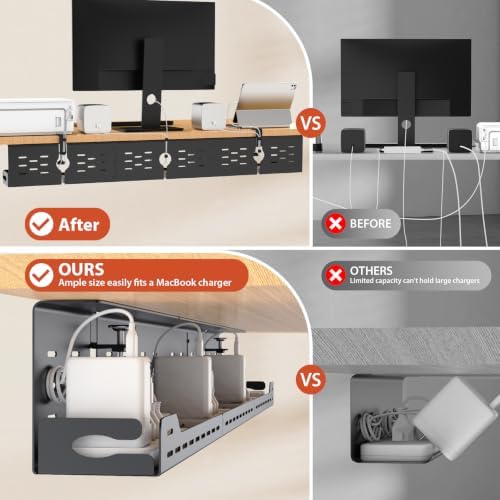 Univivi Under Desk Cable Management Tray, Cable Management, 48 inch, Black