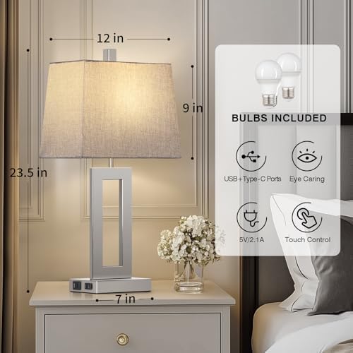 Cinkeda Bedside Table Lamp Set of 2,Nightstand Touch Lamp with USB Port