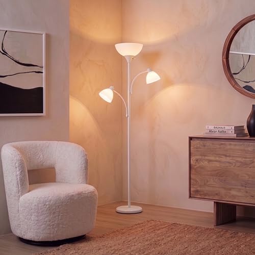 Brightech Sky Dome Double – High Brightness Torchiere Floor Lamp with 2 Reading Lights for Living Rooms, Bedrooms – Replace Halogen Standing Lamps with Efficient LED Office Lighting - Tall White Pole