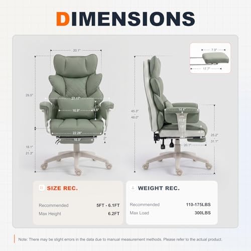 Dowinx Big and Tall Office Chair with Pocket Spring Cushion,High Back Computer Gaming Chairs with Adjustable Armrests,Executive Desk Chairs with Lumbar Support and Footrest,PU-Green