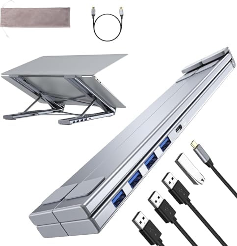 M61 USB C to USB Hub Portable Laptop Stand, Aluminum 4 Ports USB3.0 Multiport Adapter Adjustable Laptop Docking Station Stand Compatible with MacBook Pro/Air, Chromebook, Keyboard, Mouse, HDD