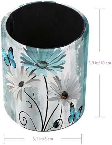 Farm Teal Daisy Butterfly on Country Wooden Pen Holder Pencil Organizer Cute Pencil Cup Desk Decor Makeup Brush Holder PU Multifunctional Office Supplies for Home Classroom School