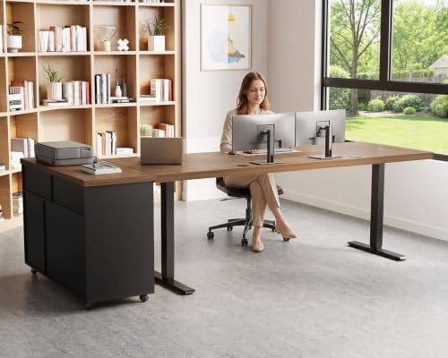 OffiGo 71 Inch Executive L-Shaped Electric Standing Desk, Walnut & Black
