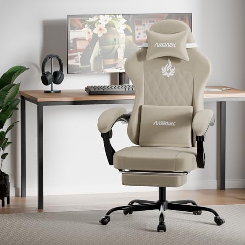 Ergonomic Gaming Chair Video Gamer Chairs Gaming Computer Chairs Gamer Chairs for Adults Massage Lumbar Support Swivel Height Adjustable Headrest Backrest Beige