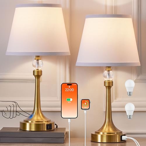 Touch Gold Table Lamp Set of 2 with USB C+A Ports, Desk Lamp-19.7''