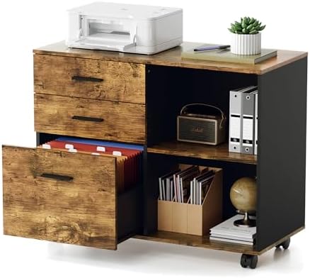 VINGLI 3 Drawer Wood Lateral File Cabinet with Adjustable Shelves & Locking Wheels, Printer Stand with Drawers for Letter, Sturdy Black File Cabinets for Home Office, Study & Business, Rustic Brown