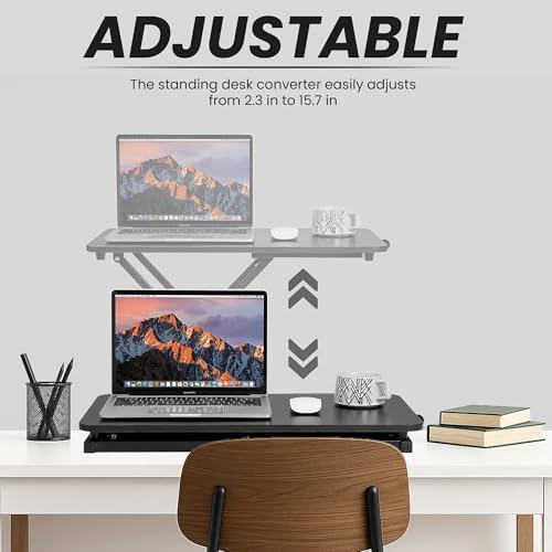 Standing Desk Converter 23.6" x 13.4", Adjustable Height 2.4"–15.7", Sit Stand Converter with Sturdy Steel Frame, Ergonomic Standing Desk Topper & Monitor or Laptop Riser for Home Office
