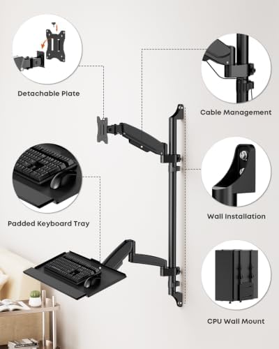 PUTORSEN Wall Mount Monitor Arm with Keyboard Tray and CPU Holder