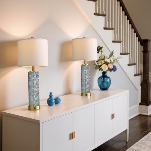 Oneach 27.75" Blue Table Lamps Set of 2 with LED Nightlight for Bedside
