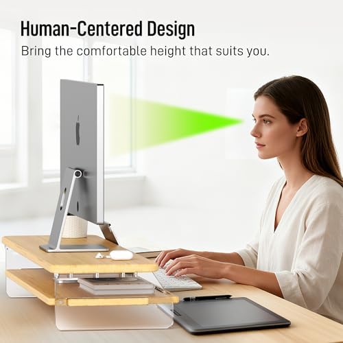 Bamboo Dual Monitor Stand for Desk,31.5 In 2 Tier Computer Riser Organizer