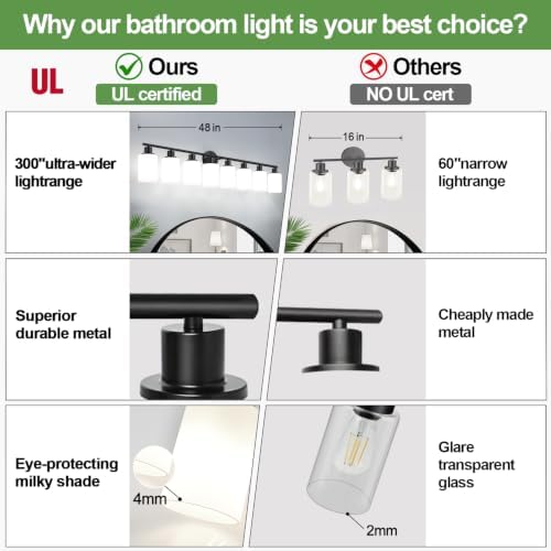 Zarbitta 8-Light Bathroom Light Fixtures, Black Modern Vanity Lights with Milky White Frosted Glass Shades, Bathroom Wall Lamp for Mirror, Living Room, Hallway, Kitchen, Cabinet, Porch