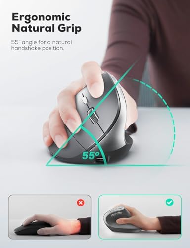 Nulea MD280 Ergonomic Vertical Wireless Mouse - Bluetooth & 2.4G Dual Mode, 4 Adjustable DPI 800/1200/1600/2400, Rechargeable, Silent Clicks, No Lag, 6 Buttons - Perfect for Laptop, Desktop Grey