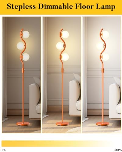 60IN Dimmable Orange Globe Floor Lamp, Mid Century Modern Floor Lamps with 3 Soft Warm White 3000K Bulbs, Standing Lamps with 5Lbs Heavy Base for Living Room Bedroom Home Decor