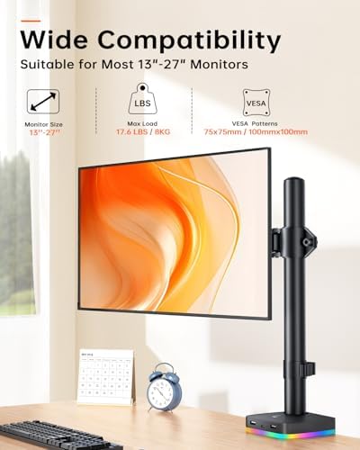 RGB Monitor Arm with USB Hub, Desk Mount for 13-27" Monitors, Data Transfer