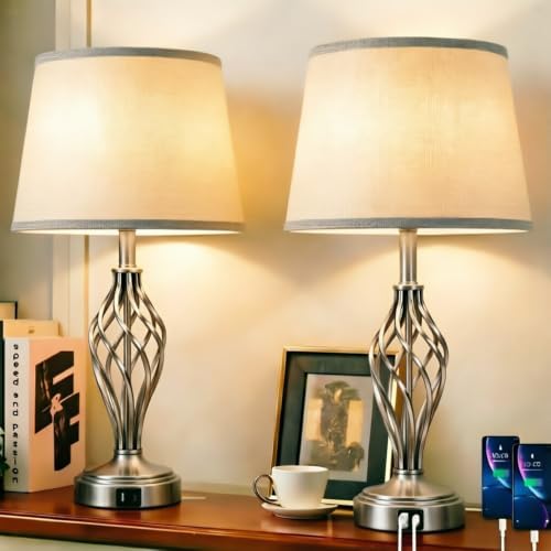 Ruiever Touch Table Lamps Set of 2, nightstand lamp with USB Ports Bedside 3 Way Touch dimmer Desk lamp for Living Room Bedroom,Nickel Spiral Cage Grey Shade, Warm White dimmer Bulbs Included.