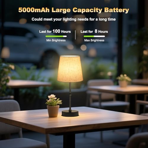 Wowag Cordless Table Lamp,5000mAh Rechargeable Battery Operated Desk Lamp,3 Colors & 7 RGB Stepless Dimmable,Portable Wireless Touch Bedside Night Light for Restaurant,Home,Decor Party,Flaxen Shade