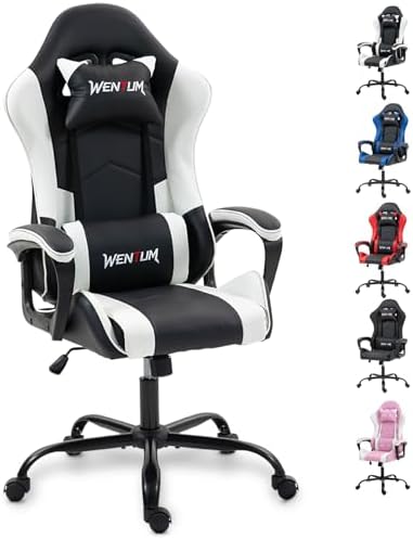 Ergonomic Massage Gaming Chair for Kids Adults, Comfy PU Leather Office Desk Chair with Adjustable Headrest Lumbar Support 360 Swivel, White