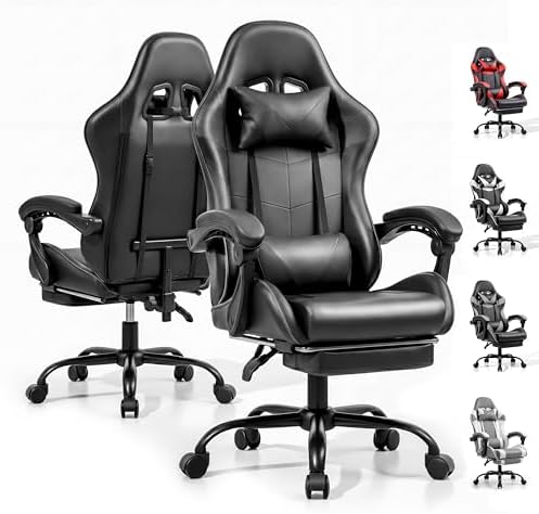 Gaming Chair, Ergonomic Footrest, Lumbar & Headrest(Black)