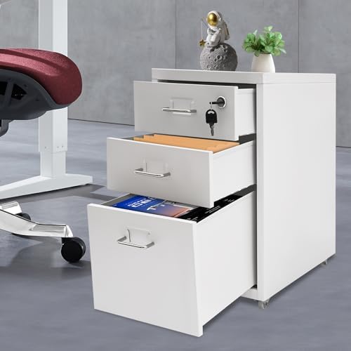 CNCEST 2-Drawer Vertical File Cabinet Metal Mobile Filing Cabinet with Lock Rolling File Drawer Cabinet Under Desk Sturdy Steel Storage Unit with Glide Drawers Lockable Wheels for Home Office (White)