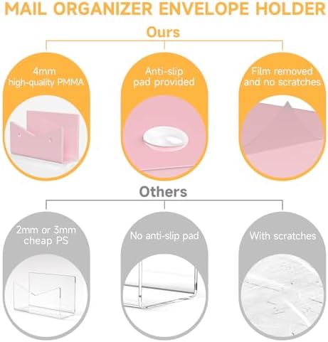 Mail Organizer Envelope Holder - 3 Compartments Pink Acrylic Mail Holder Countertop Vertical Desk Organizer Small File Bill Document Notebook Letter Sorter for Home School Office Supplies