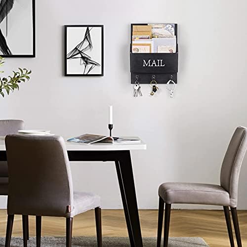 DLQuarts Solid Wood Mail Organizer with Key Holder for Wall, Mail Sorter Wall Mounted, Decorative Wooden Key and Mail Holder with 3 Hooks, Matte Black