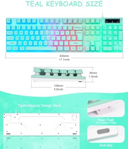 Gaming Teal Keyboard Wired with Color Backlit, Membrane, Quiet for Computer