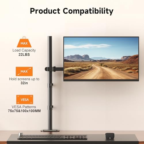 Bracwiser Single Fully Adjustable Standing Height Monitor Arm Stand Mount 800mm Tall for Monitor Computer Screen 13 15 17 19 20 22 23 24 26 27 30 32 inch VESA 75 100 (MD7821)