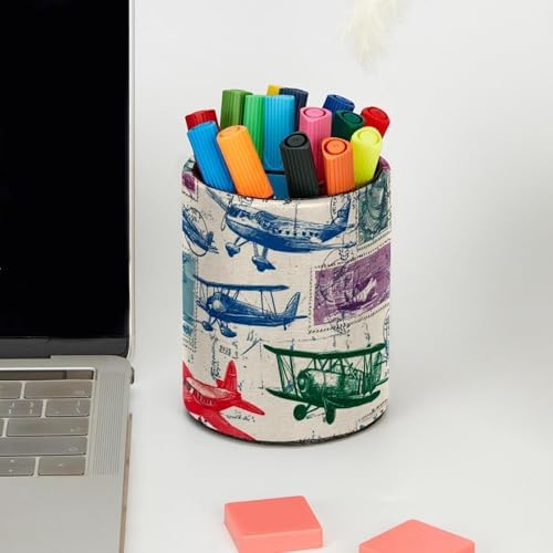 Leather Pen Holder for Desk, Airplane Retro Stamps Pencil Cup Pen Organizer Makeup Brush Holder for Office Home Kids Countertop Desk Accessory Storage
